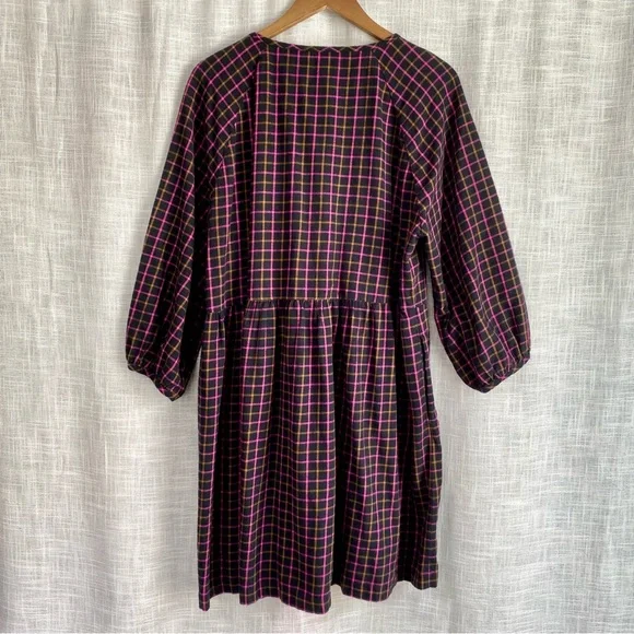 Madewell Plaid Flannel Raglan Button-Front Shirtdress Pink Black - Picture 3 of 7